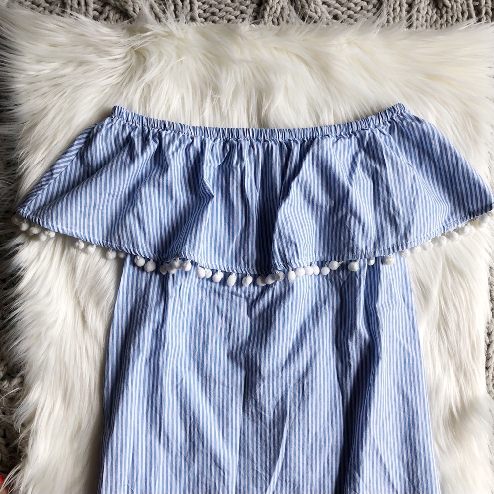 Blue striped Pom Pom off the shoulder dress - Picture 3 of 4
